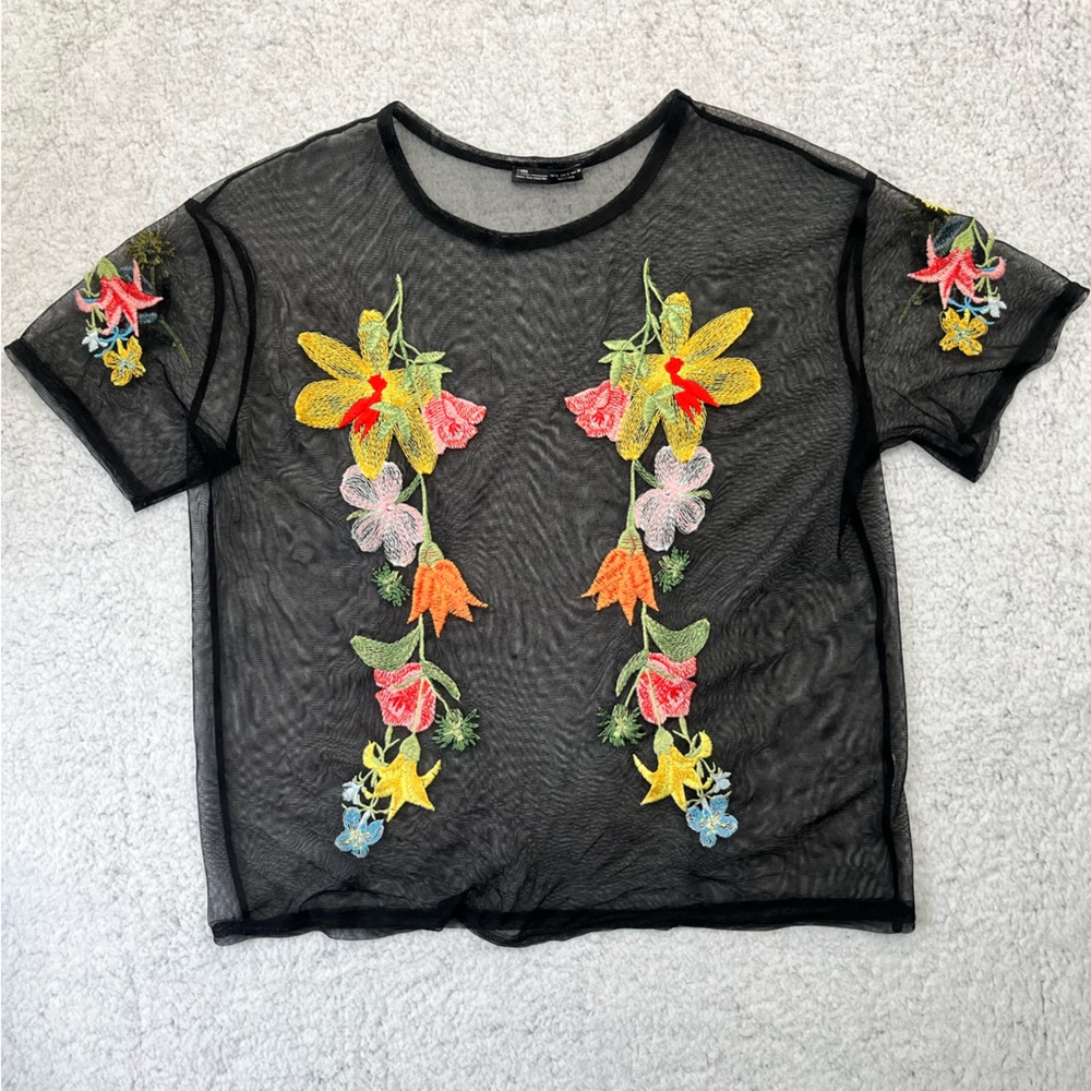 Women's Zara Colorful Floral Embroidered Black Sheer Mesh Top Size S